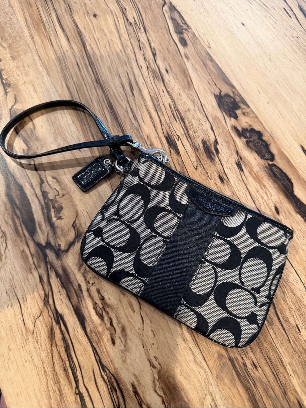 Coach Black and Taupe Signature Canvas Wristlet with Strap